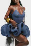 Women Spaghetti Strap V-Neck Gold Accent Sculptural 3D Ruffle Denim Bubble Mini Dress