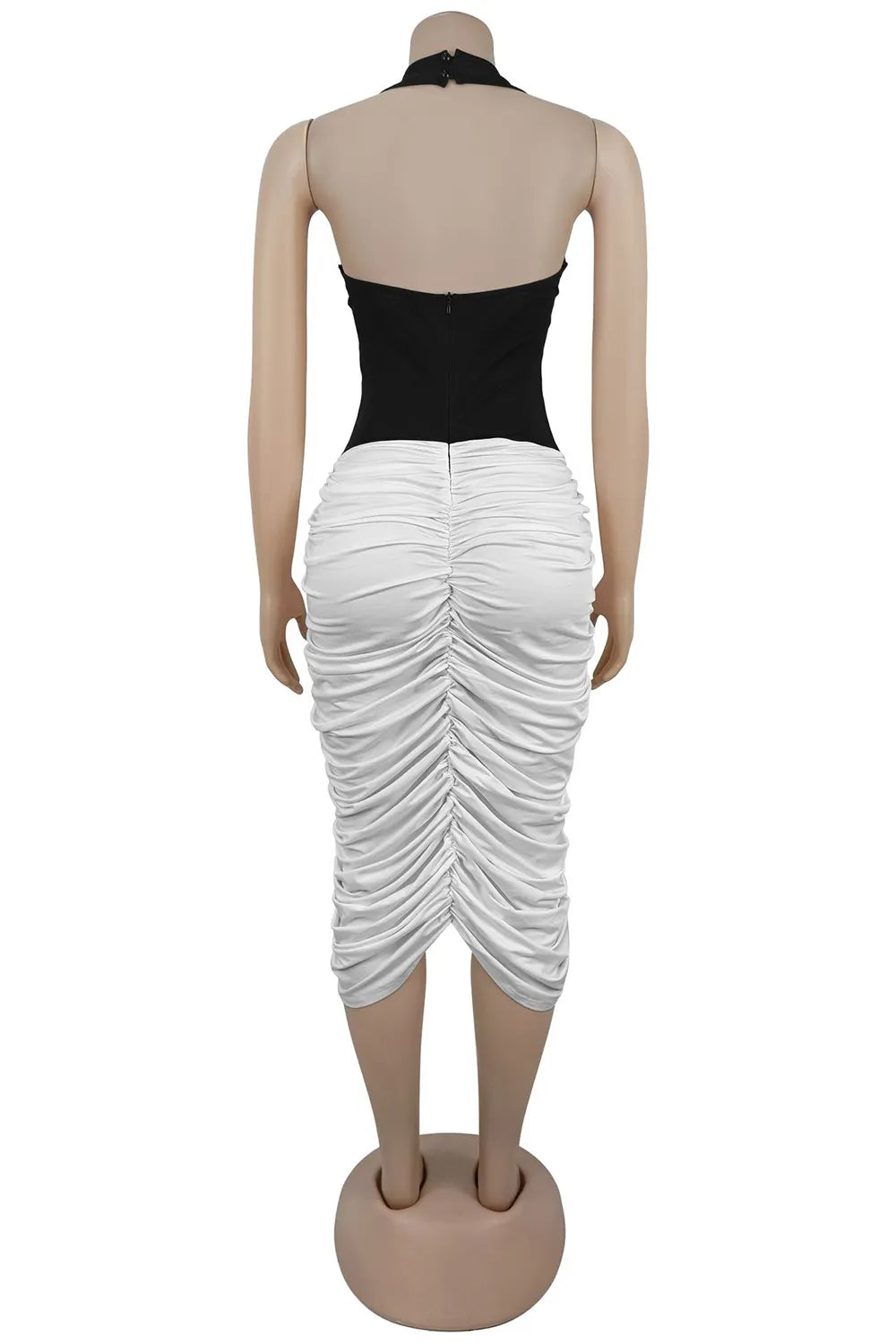 Halter Backless Colorblock Mesh Ruched Slim Fit Gowns Midi Dresses-Black
