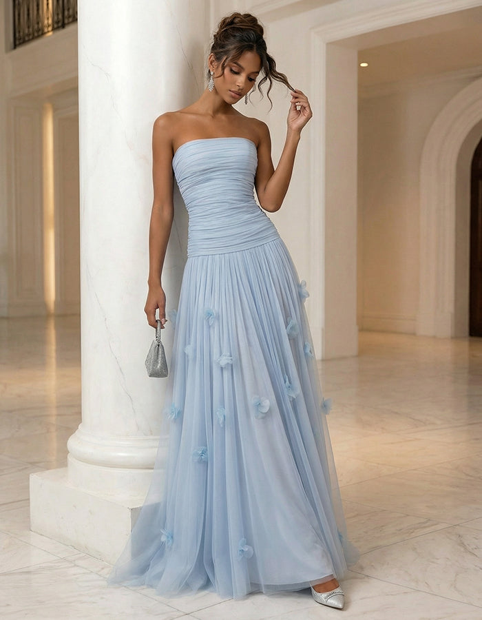 Solid Color Strapless 3D Floral Tulle Maxi Dress