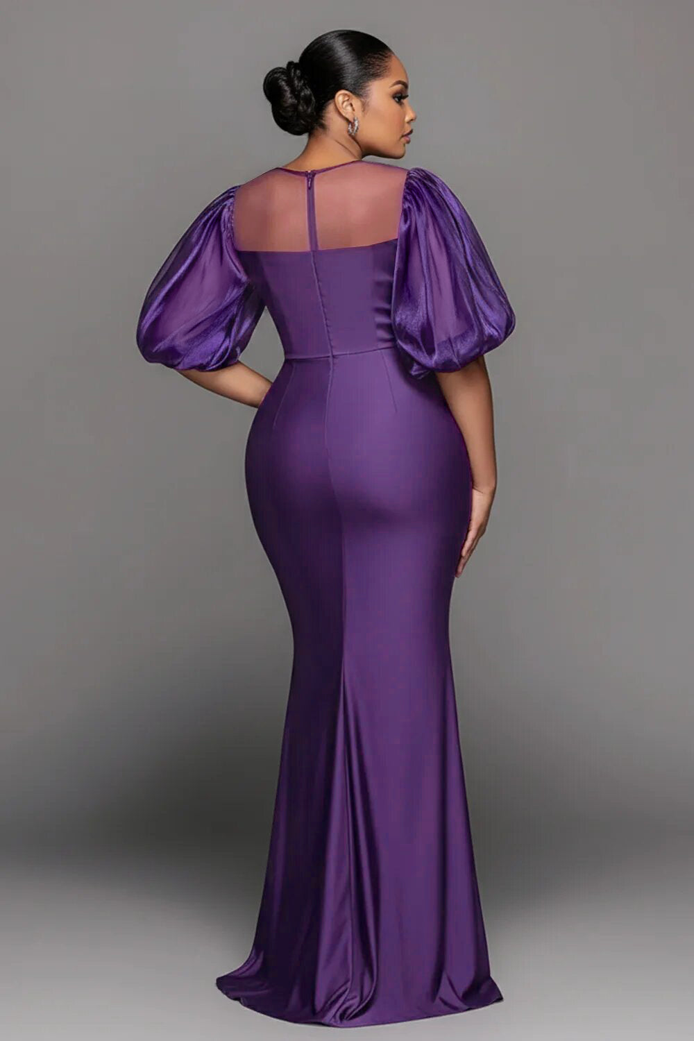 Organza Purple Round Neck Puff Sleeve Short Sleeve Drilling See Through Satin Maxi Dresses