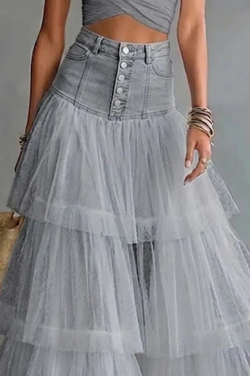 Ladies' Fashionable Casual Patchwork Mesh Denim Skirt