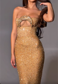 Gold Strapless Sequin Mermaid Maxi Dress with Crystal Embellished Cutout Detail