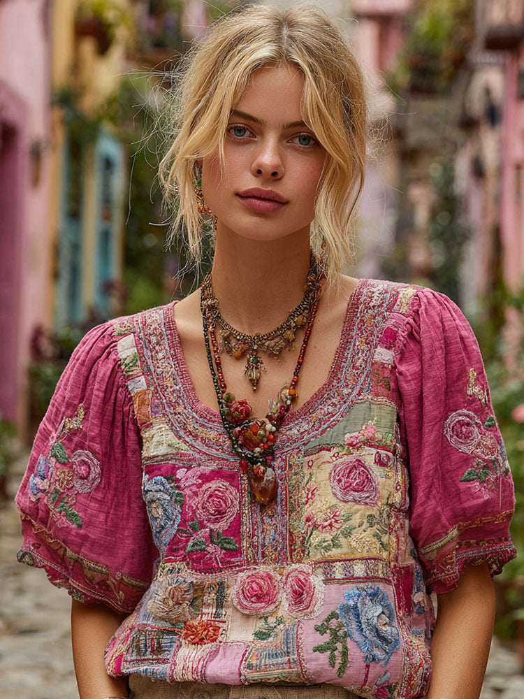 Women's Retro Bohemian Rose And Floral Pattern Embroidered Casual Linen T-shirt