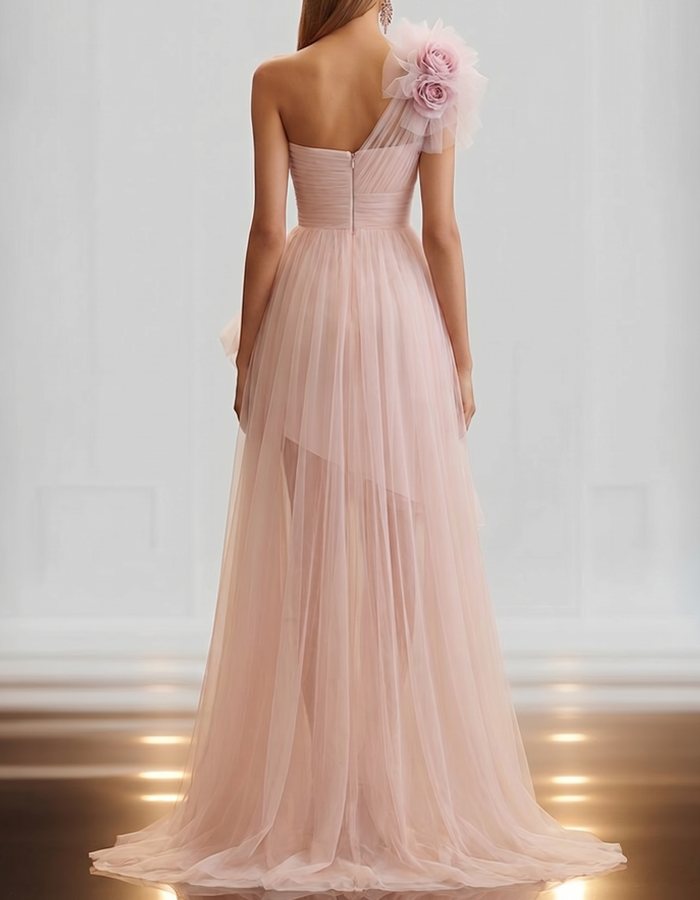 Blush Pink One-Shoulder Tulle High-Low Maxi Dress
