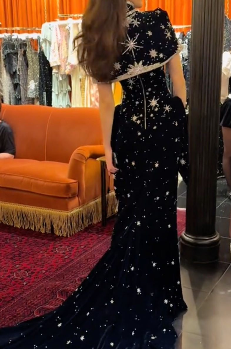 Navy Velvet Starburst Beaded Qipao Mini/Maxi Dress with Capelet Detail
