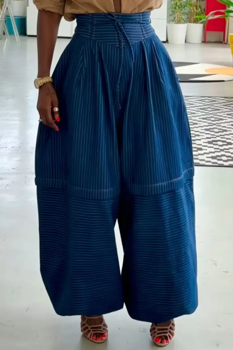 Women's Wide-Leg Pinstripe Trousers with Tiered Voluminous Silhouette