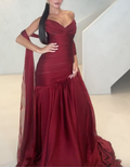 Burgundy Strapless Sweetheart Mermaid Maxi Dress with Sheer Shawl