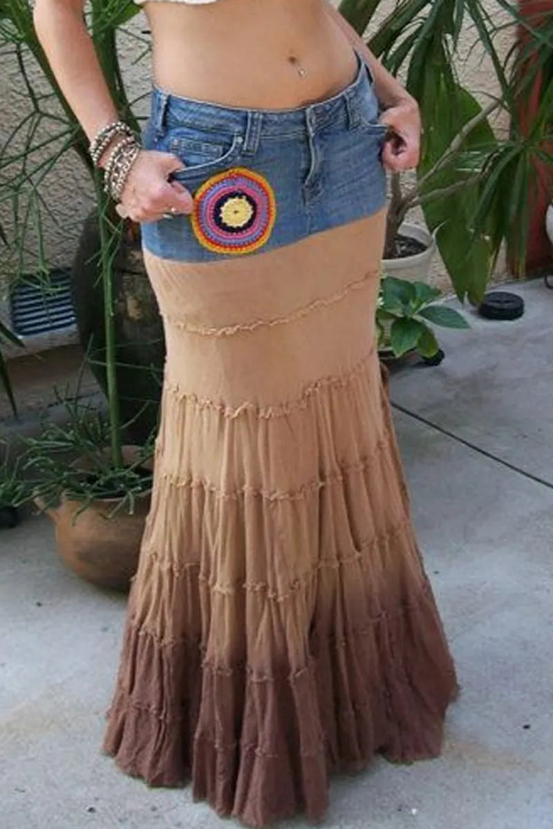 Hot Selling Women's Casual Denim Patchwork Long Skirt