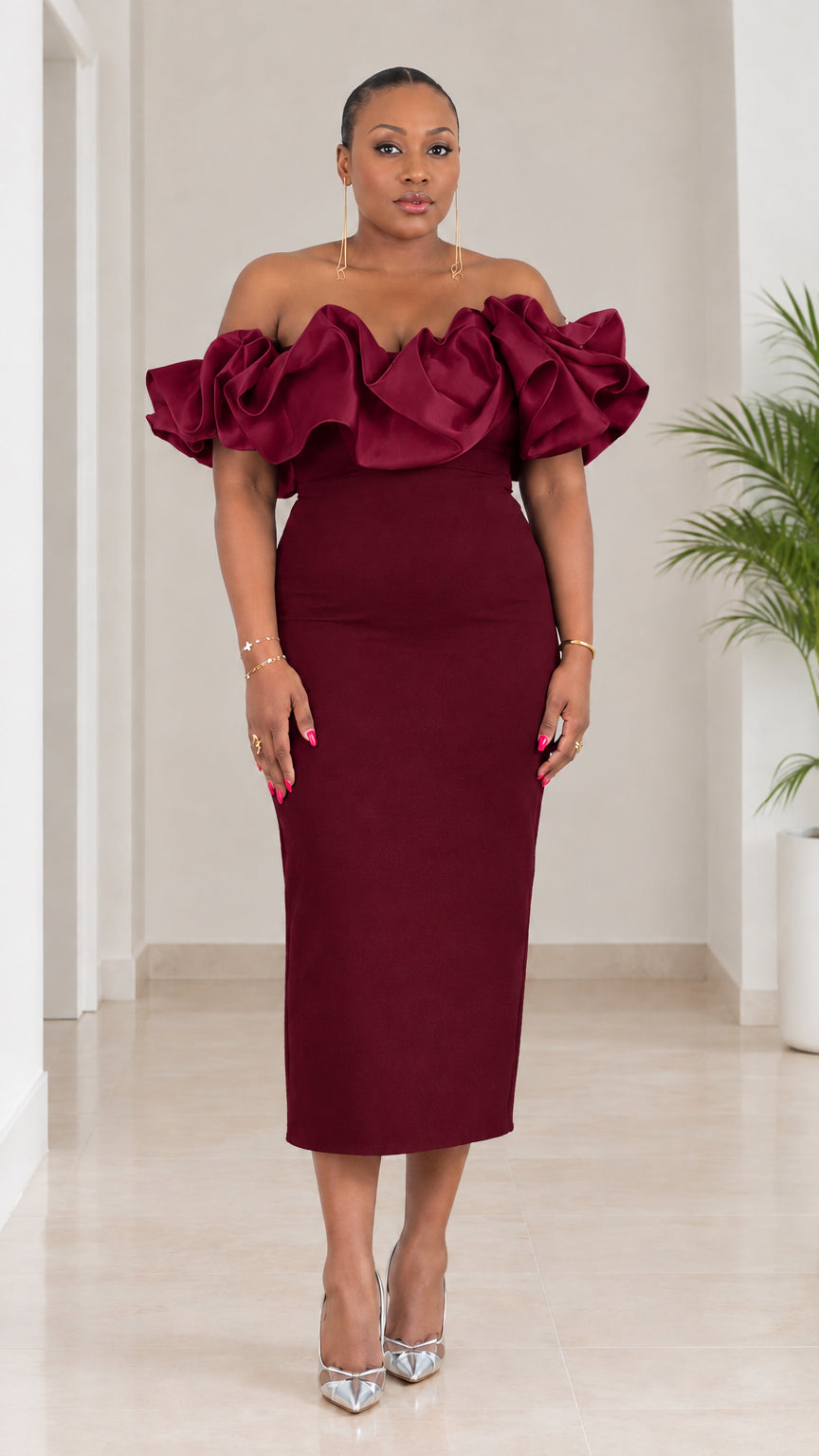 Off-The-Shoulder Ruffle Midi Dress with Satin Accent