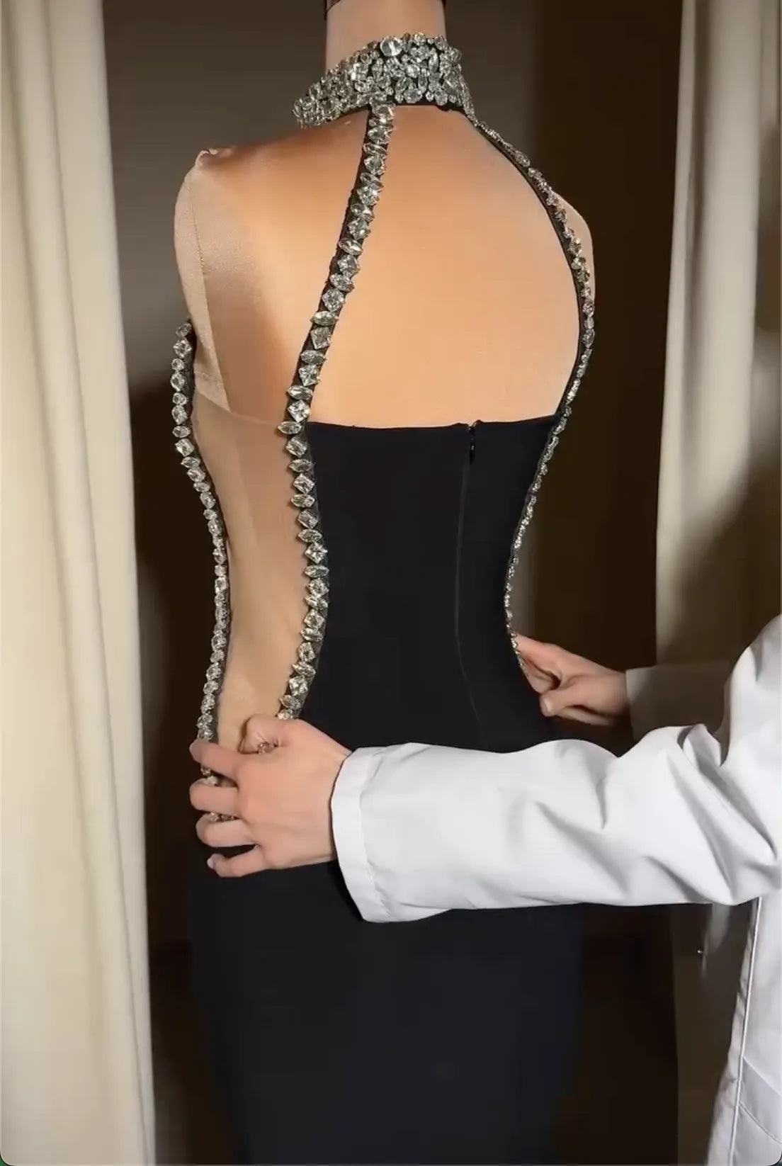 Black Halter Neck Mermaid Evening Gown - Crystal Embellished Cutout Formal Dress