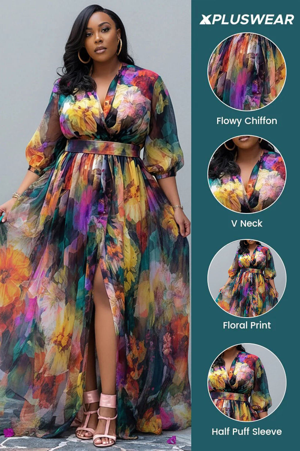 Vacation Multicolor Floral V Neck Puff Sleeve Half Sleeve Split Chiffon Maxi Dresses