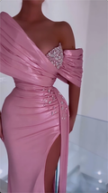 Opulent Blush Pink One-Shoulder Satin Mermaid Maxi Dress with Crystal Bustier & High Slit