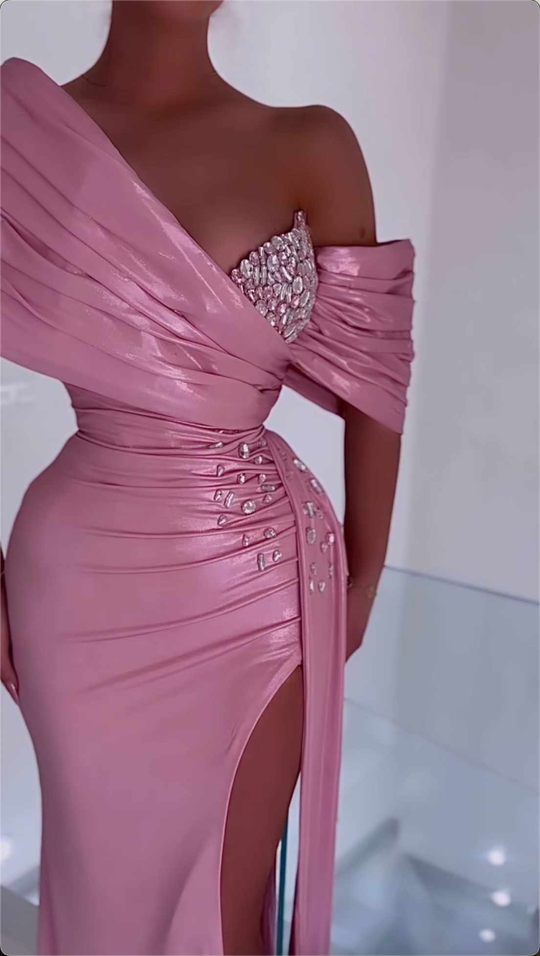 Opulent Blush Pink One-Shoulder Satin Mermaid Maxi Dress with Crystal Bustier & High Slit