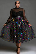 Party Tulle Multicolor Mock Neck Long Sleeve See Through Elegant Sequin Midi Dresses