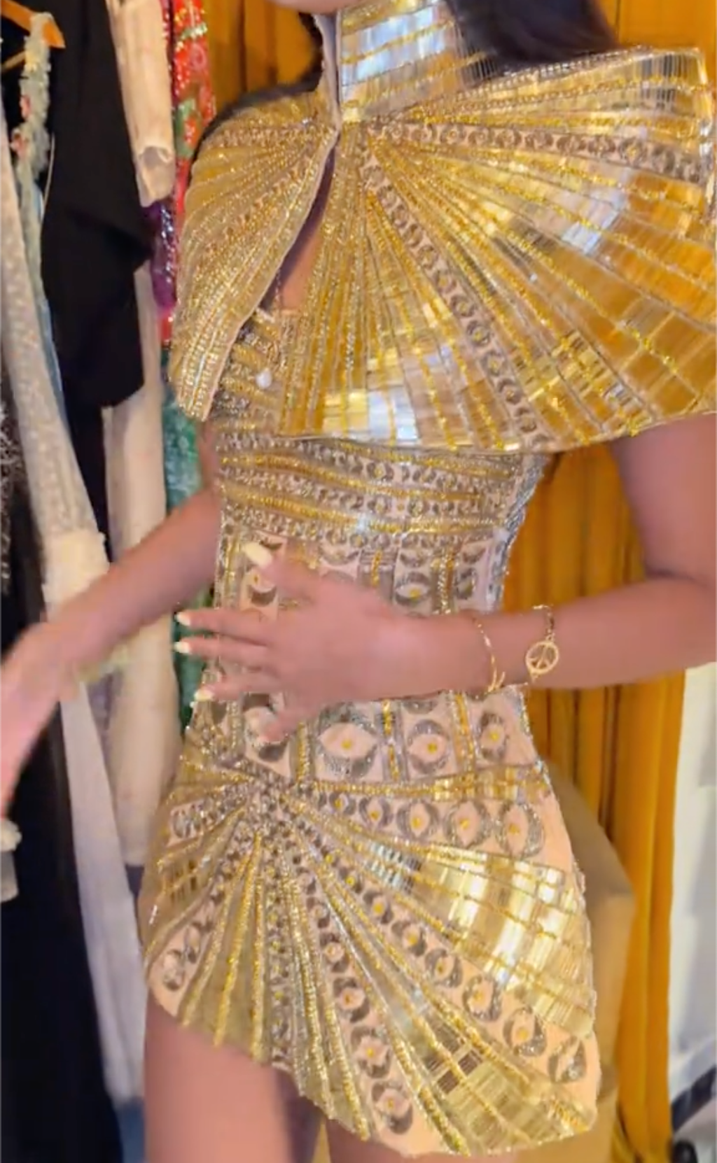 Gold Egyptian Style Hand-Beaded Mandarin Collar Capelet Mini Dress