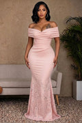 Off Shoulder Fine Glitter Mermaid Slim Gowns Maxi Dresses-Pink [Pre Order]