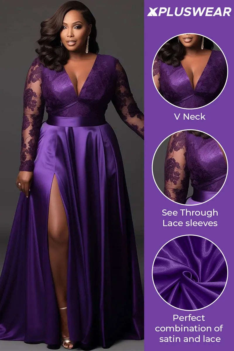 Purple V Neck Long Sleeve Split See Through Lace Satin Maxi Dresses