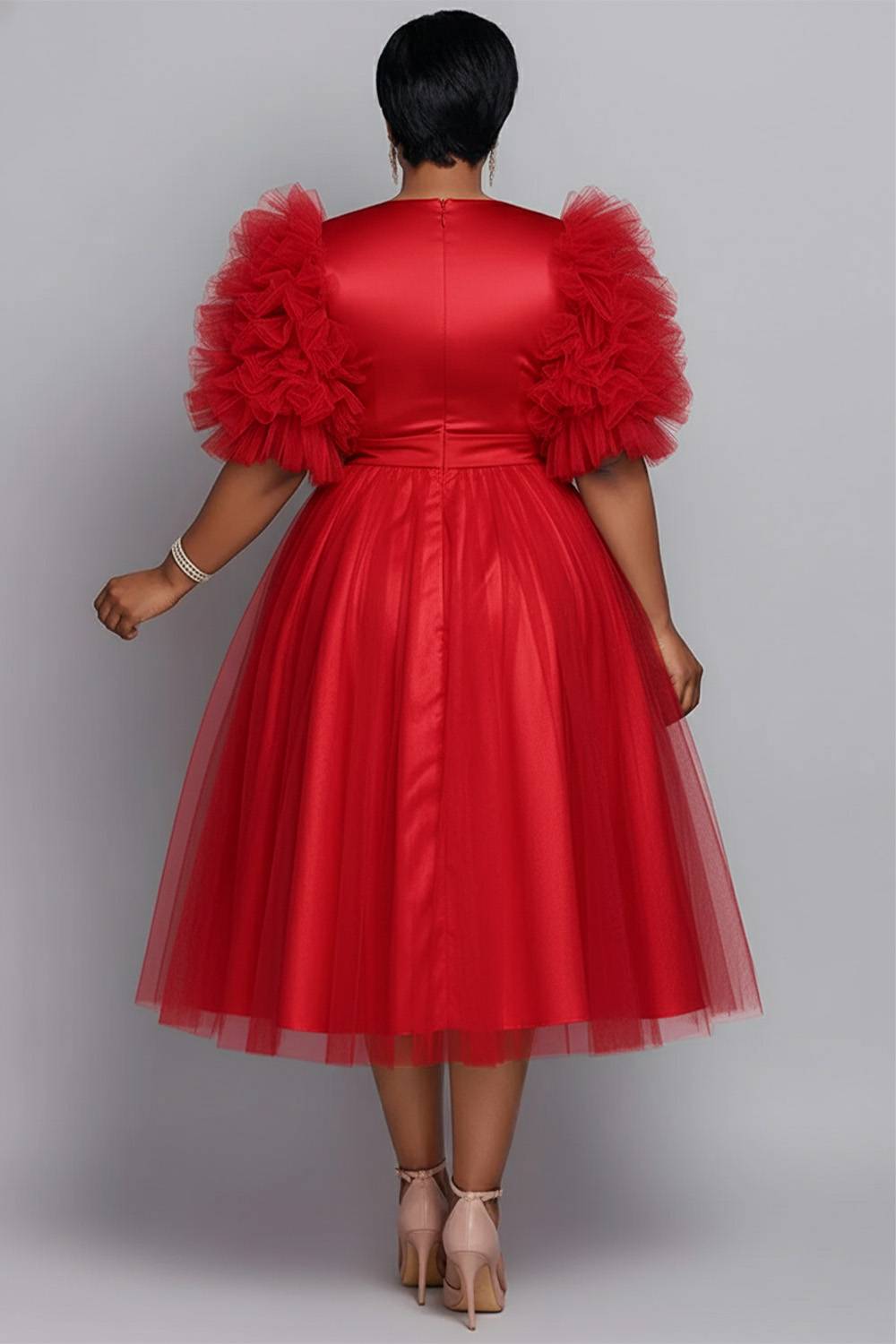 Tulle Pink Round Neck Long Sleeve Contrast Elegant 3D Satin Midi Dresses