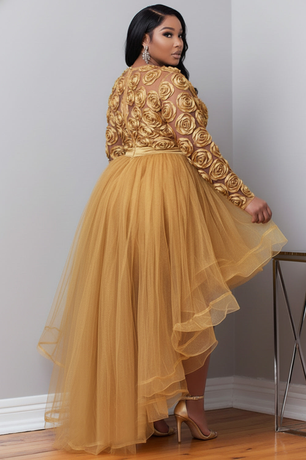 Party Gold Round Neck Long Sleeve 3D Elegant High Low Hem Tulle Mini Dresses