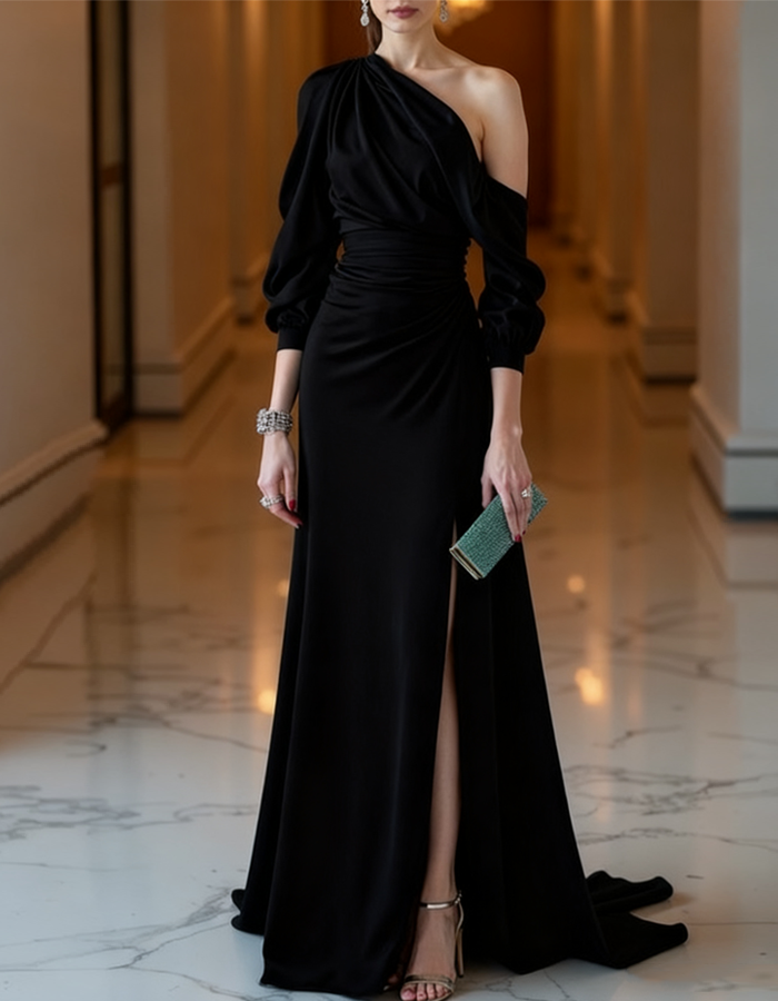 One-shoulder Draped Satin Evening Maxi Dress