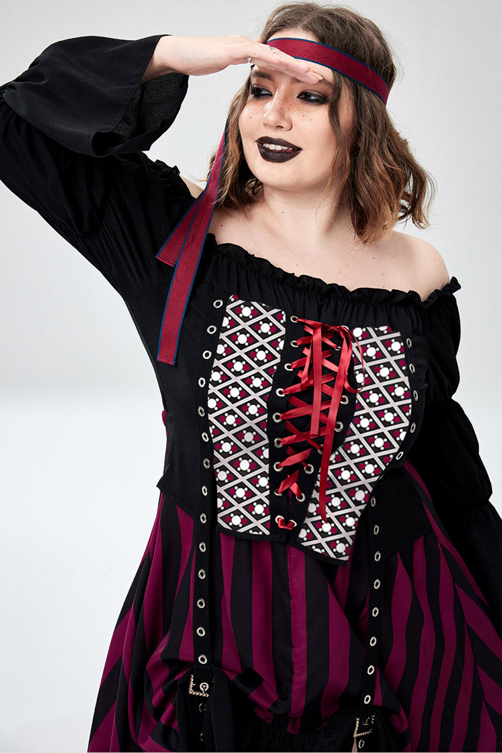 Halloween Costume Cosplay Black Off The Shoulder Lace Up Midi Dress(Ships 24h)
