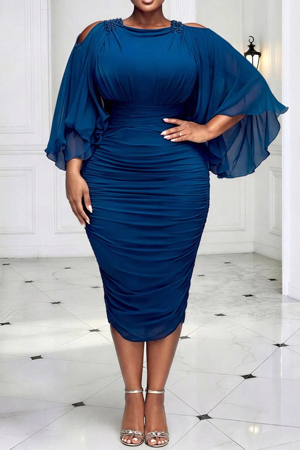 Churchs Elegant Blue Round Neck Cold Shoulder 3/4 Sleeve Fold Bodycon Midi Dresses [Pre-Order]