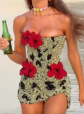 Tropical Red Floral Beaded Strapless Mini Dress with Lace-Up Back