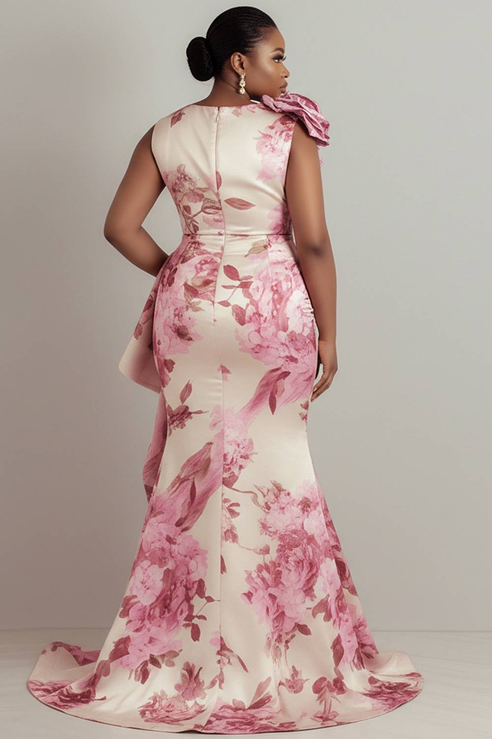 Pink Floral V Neck Ruffle Split Satin Maxi Dresses