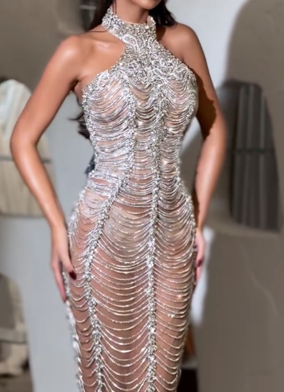 Silver Beaded Sheer Halter Maxi Dress
