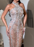 Silver Beaded Sheer Halter Maxi Dress
