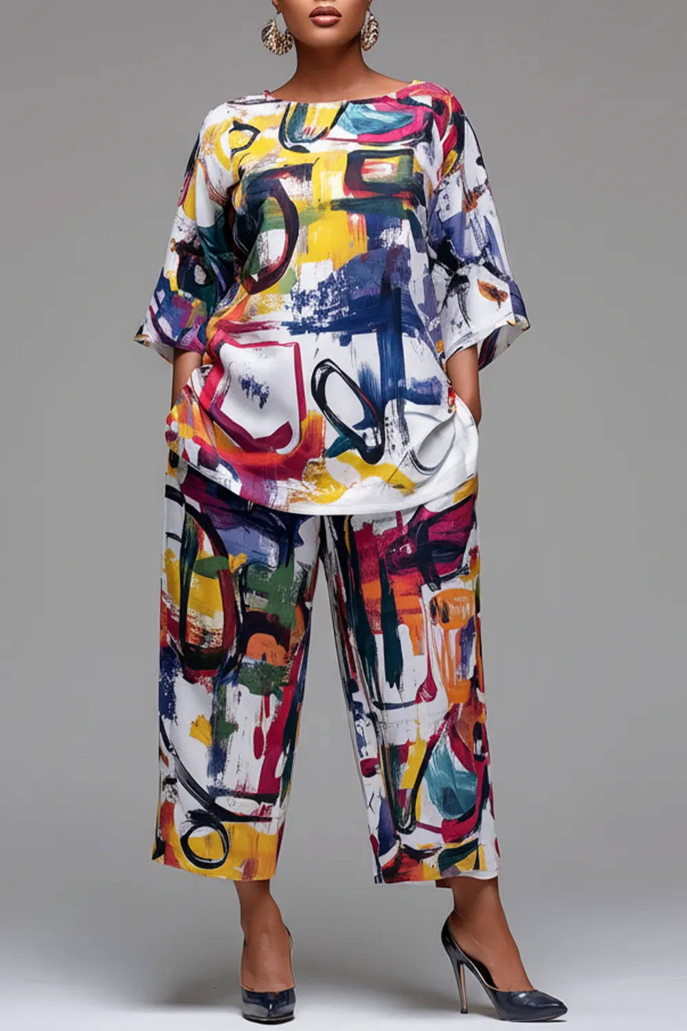 Vacation Multicolor All Over Print Round Neck Flare 3/4 Sleeve Pocket Two Piece Pant Sets