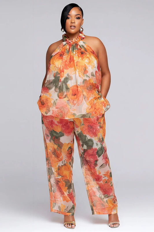 Daily Orange Floral Halter Collar Pocket Chiffon Two Piece Pant Sets