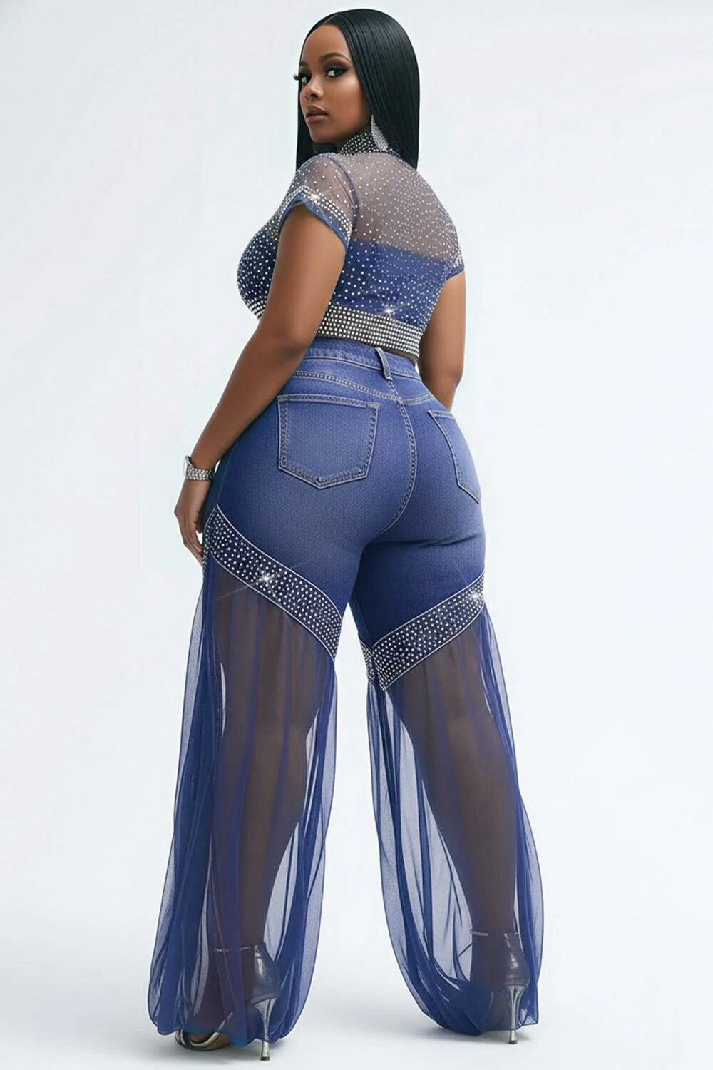 Xpluswear Design Plus Size Party Tulle Blue Drilling See Through Denim Jeans