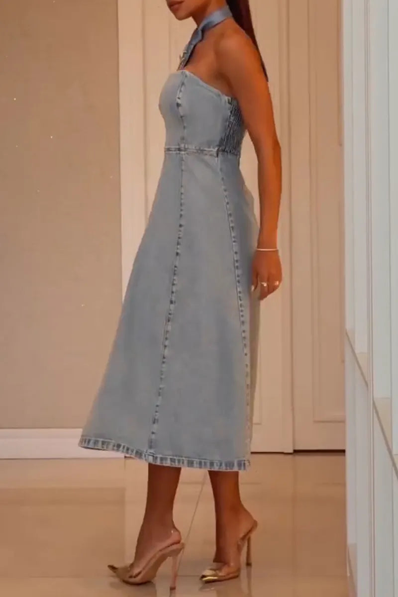 Women's Elegant A Line Hem Bustier Denim Dress
