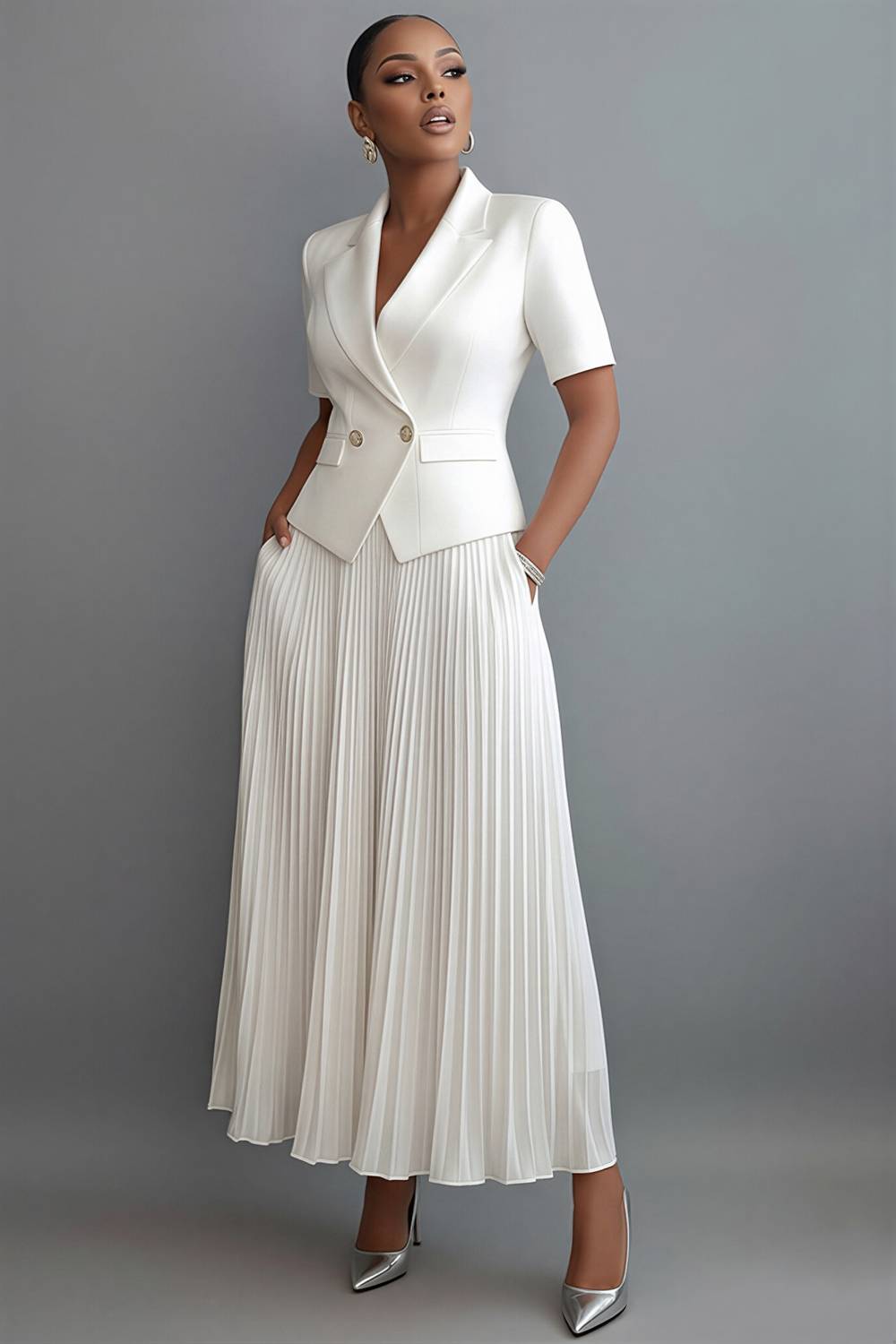 Chiffon White Turndown Collar Short Sleeve Pleated Pocket Satin Two Piece Skirt Sets