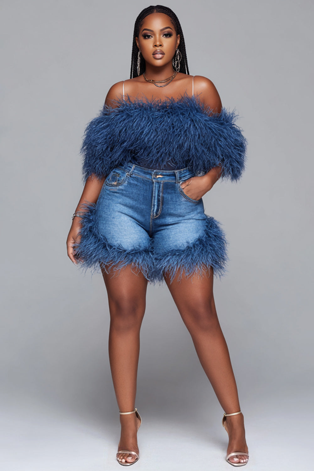 Xpluswear Design Plus Size Party Blue Denim Feather Pocket Shorts