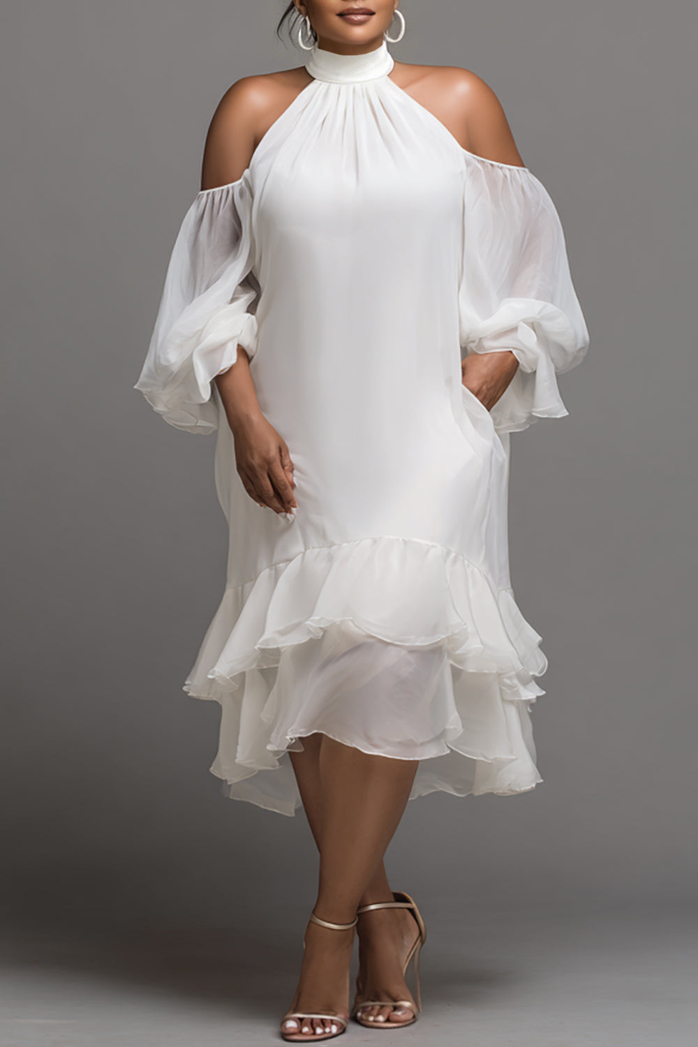 Cocktail Party White Halter Collar Cold Shoulder Short Sleeve Ruffle Pocket Chiffon Midi Dresses