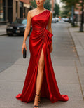 Solid Color Satin One Shoulder Knot Maxi Dress
