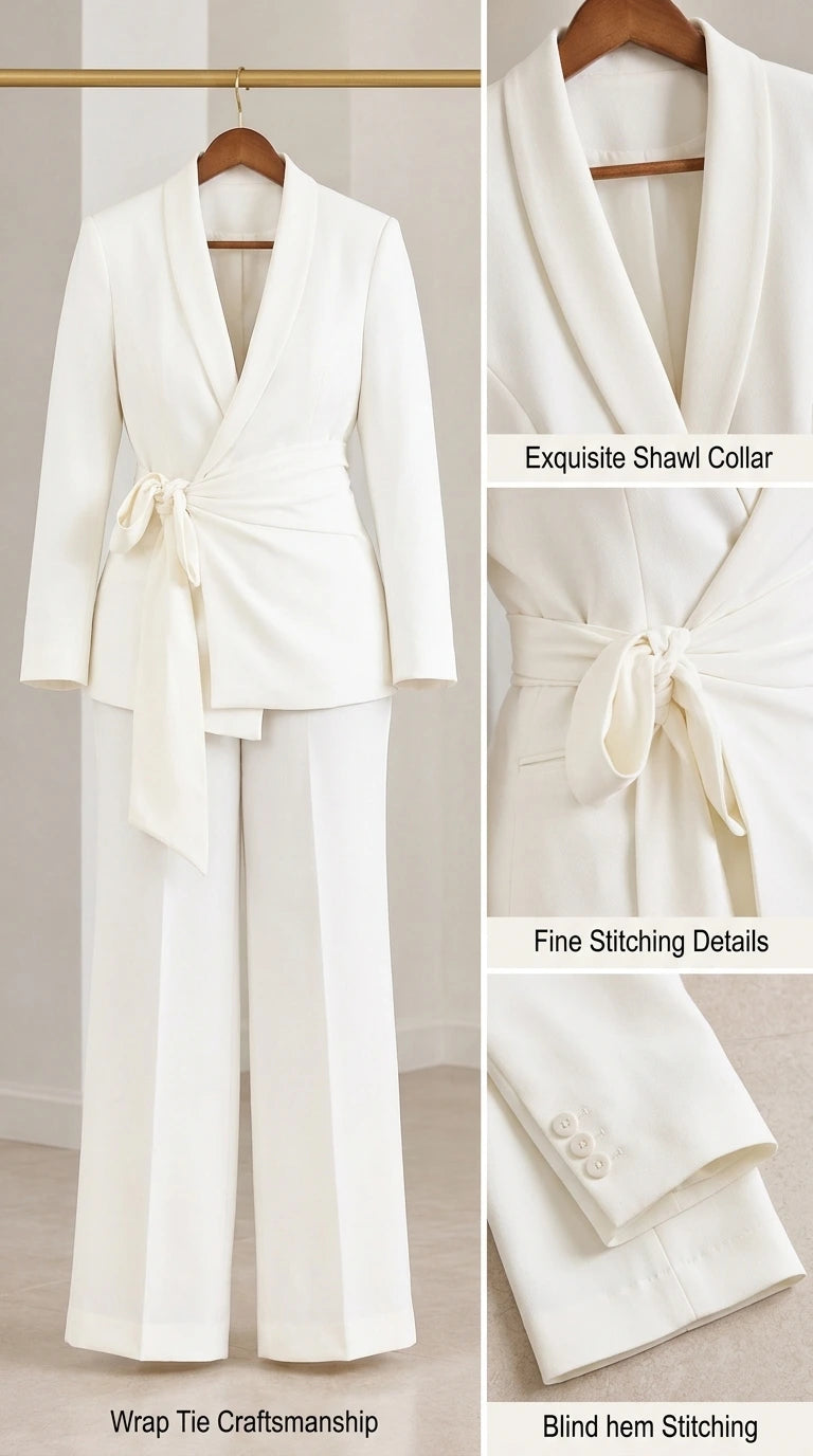 Women's Elegant Shawl Collar Wrap Blazer and Wide-Leg Trousers 2-Piece Suit Set