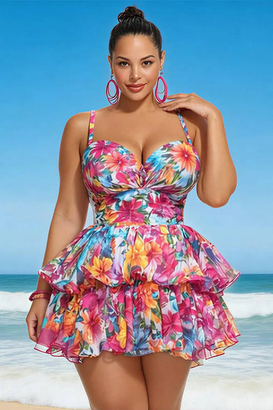 Beach Multicolor Floral V Neck Ruffle Tiered Swimsuit Fabric Swimwear Dress