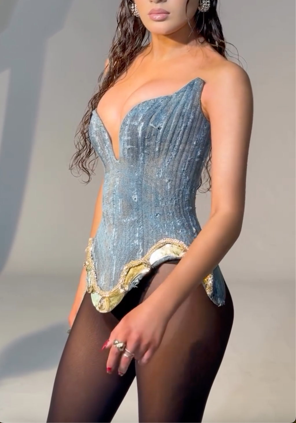 Distressed Denim Strapless Corset Top with Gold Crystal Trim