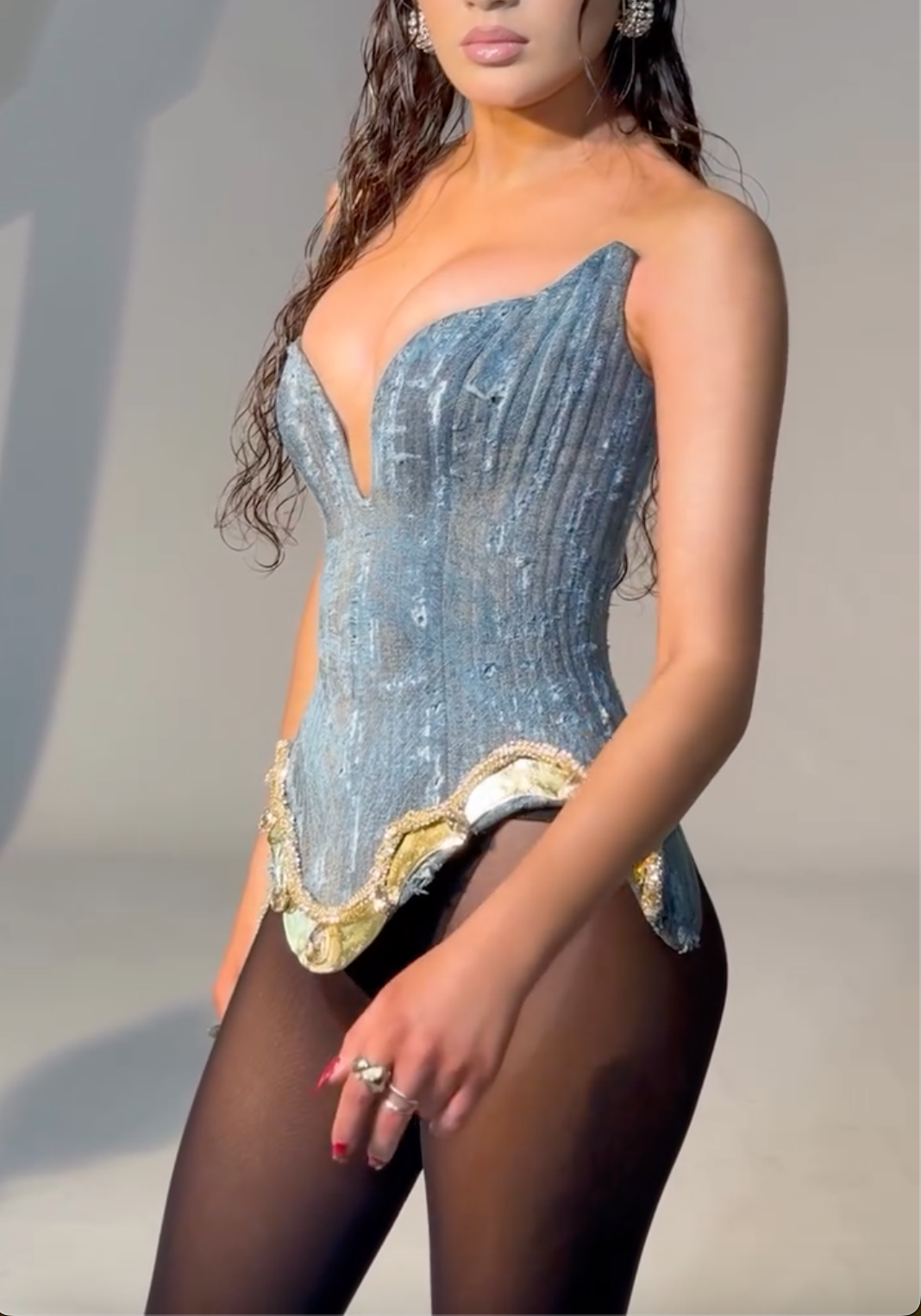 Distressed Denim Strapless Corset Top with Gold Crystal Trim