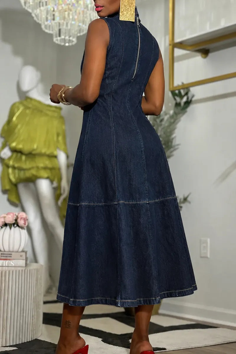 Women's Casual Crewneck Sleeveless Denim Dress