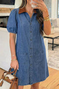 Women's Casual Contrast Color Denim Skirt With Puff Sleeves