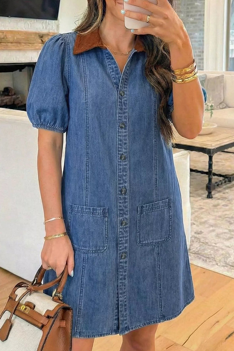 Women's Casual Contrast Color Denim Skirt With Puff Sleeves
