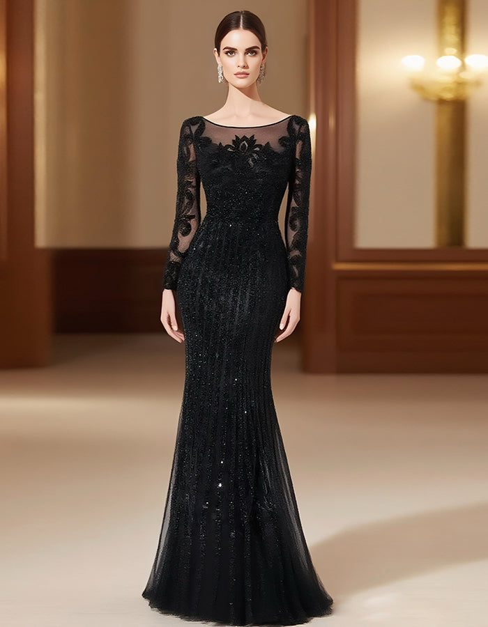 Round Neck Sequined Lace Long Sleeves Maxi Dress