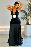 Deep V Neck 3D Floral Patchwork Evening Gowns Maxi Dresses-Black [Pre Order]