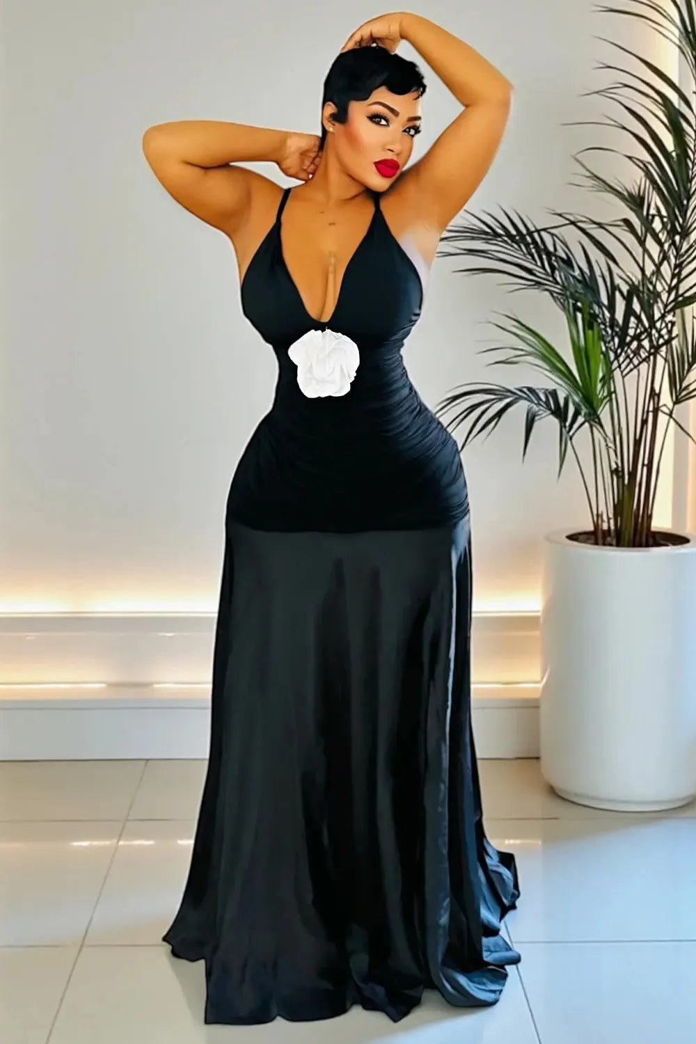 Deep V Neck 3D Floral Patchwork Evening Gowns Maxi Dresses-Black [Pre Order]