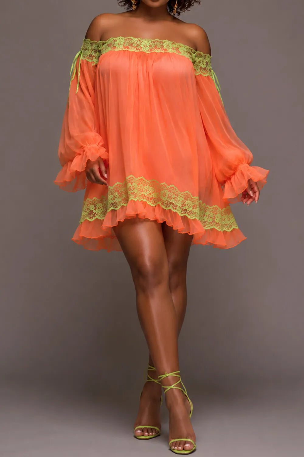 Vacation Orange Off The Shoulder Lantern Sleeve Long Sleeve Ruffle Contrast Chiffon Mini Dresses [Pre-Order]