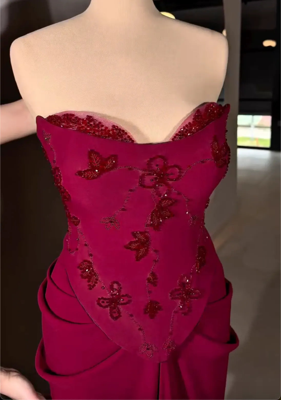 Burgundy Strapless Maxi Dress with Floral Bead Embroidery & Draped Skirt